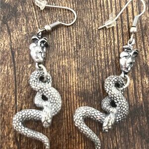 Silver Tone Snake Drop Earrings Medusa Style Gothic Boho Statement
